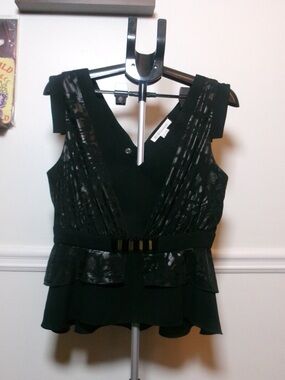 NWOT— BCBGeneration Metallic Animal Print Peplum Top with gold bar accents sz 12